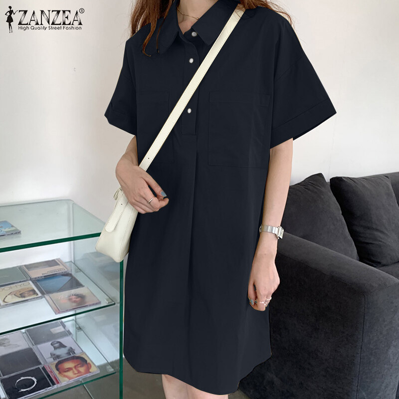 ZANZEA Korean Style Womens Summer Button Cotton Mini Shirt Dress Casual Sundress