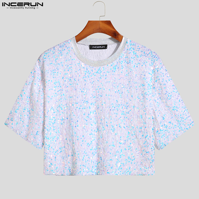 INCERUN Mens Short Sleeve Sequin Shiny T Shirt Crop Tops Clubwear Party Hippy Tee Blouse (Casual Wear) #3