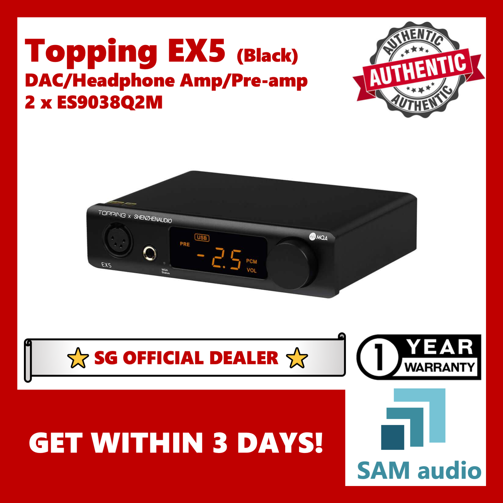 [SG] Topping EX5, Dual ES9038Q2M DAC, Headphone Amplifier, Pre-amp, MQA, Bluetooth LDAC, Hifi Audio