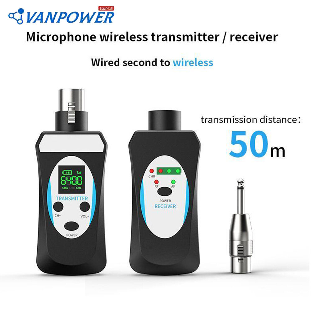 UHF Professional Wired to Wireless Microphone Converter Micphone Transmitter & Receiver 500~980MHz Receiving Transmission Compatible with Dynamic/Condenser Microphone with 48V Phantom Power 30~50M Ran