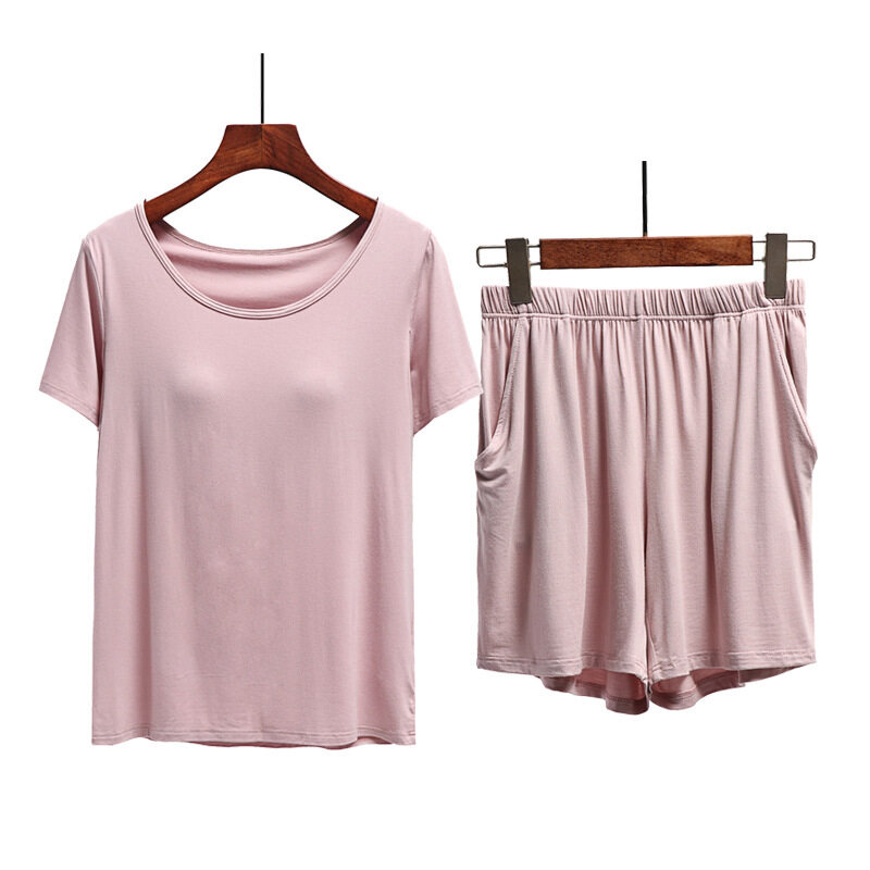 1 Set Summer Modal Short-sleeved Shorts Women's With Chest Pad Tops Thin Home Wear Pajamas Female Two piece set With Pockets Cotton Casual Gym Yoga Elastic Waist Short Plus Size Loose Comfortable brea