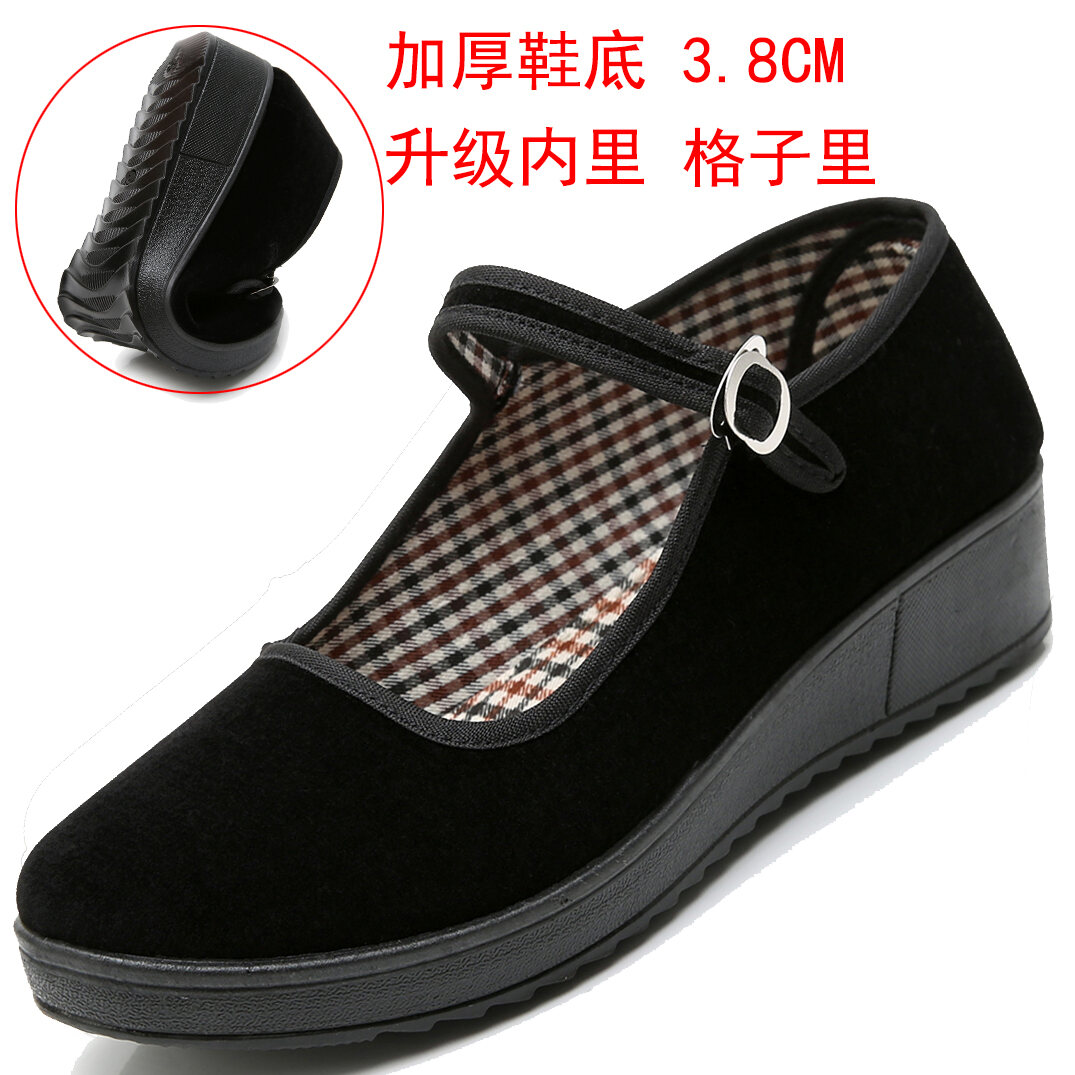 Old Beijing Cloth Shoes Women's Work Shoes Soft Bottom Non-Slip Flat Heel Dance Shoes Thick Sole Comfortable One-Strap Black Cloth Shoes with Work