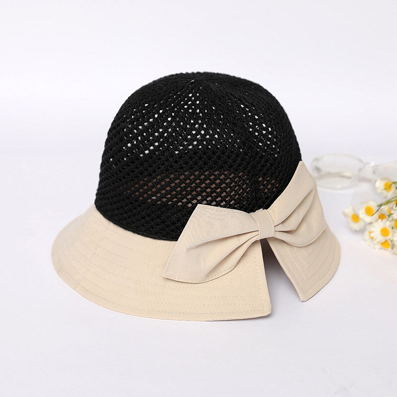 Summer Bow Decor Mesh Dome Bucket Hat for Women Anti UV Sun Hats Folding Outdoor Beach Caps Patchwork Female Cap