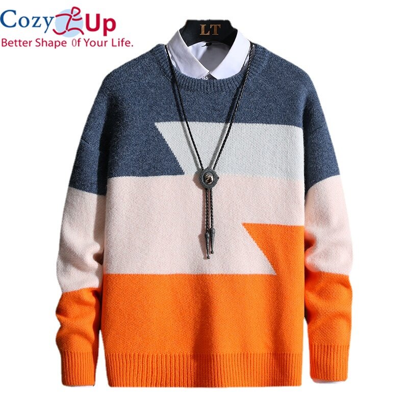 Cozy Up Men Long-sleeved Knitted Pullover Round Neck Color-blocking Soft and Thick Warm Sweater
