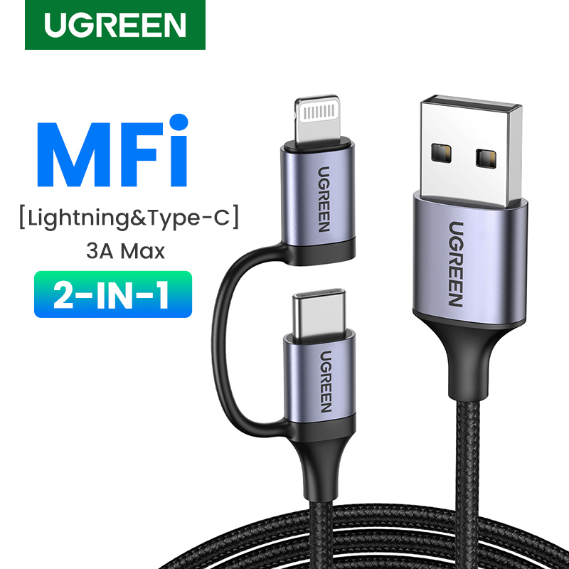 UGREEN 2-IN-1 6A Fast Charging Cord With Type-C Lightning Plug for iPhone 14 13 Pro Max iPhone 14 Plus iPhone 12 11 Pro Max  SAMSUNG S20+ Huawei P40 SAMSUNG A50 Realme 6 pro 1 Meter