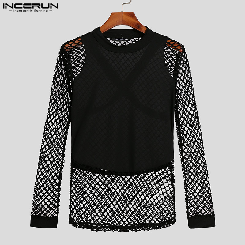 INCERUN Mens See Through Long Sleeve Crew Neck Fishnet T Shirts Clubwear Party Blouse Tee Tops (Western Style)