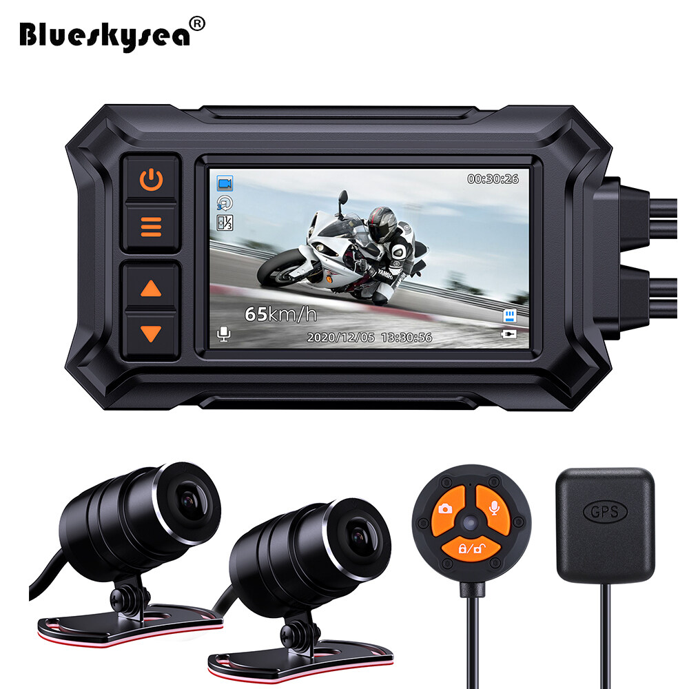 【Optional Freebies】Blueskysea A12 Motorcycle WIFI Camera Driver Recorder, 1080P Dual Lens Motorbike Dash Cam Waterproof with Built-in GPS, Remote, Loop Recording