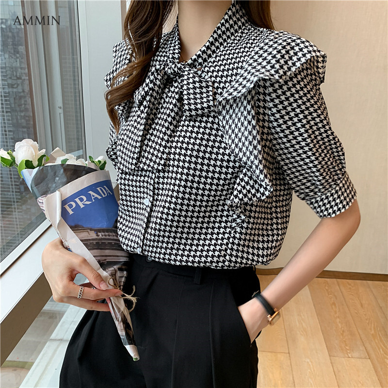 AMMIN New Korean version of the V-neck bowknot printed short-sleeved chiffon shirt temperament ruffle stitching all-match loose plaid blouse top
