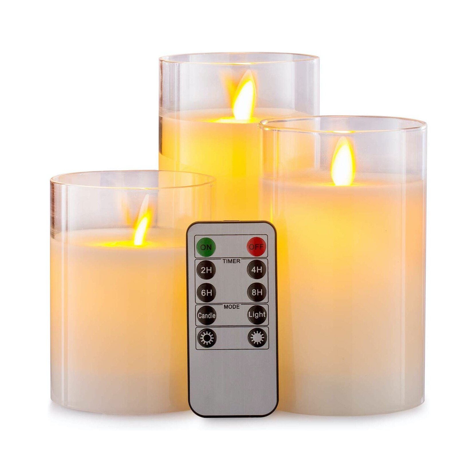 Glass Flameless Candles Set Real Wax Pillars & Moving Flame Wick LED Candles and 10-Key Remote Control with Timer, Battery Operated, Diameter 7.5cm