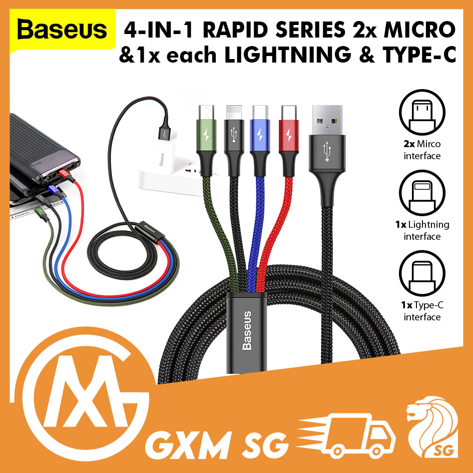 Baseus Rapid 4 In 1 iPhone Lightning Type-C Micro USB Multiple Charging Cable 3.5A Simultaneous Charge IOS Android 1.2M Data Sync Cable