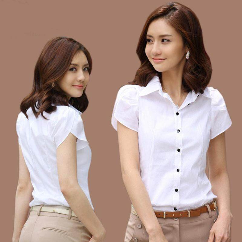 Women Summer Formal Shirts Short Sleeves Slim Fit Office Lady Turn-down Collar