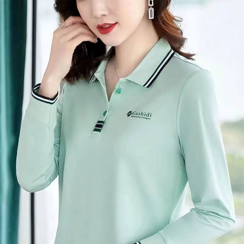 100KG Fat Girl Can Wear Spring and Autumn Fashion Light Green Casual Sport Long Sleeve Women Polo Shirt Loose Plus Size Lapel Blouse Lady Shirt Polo collar T-shirt
