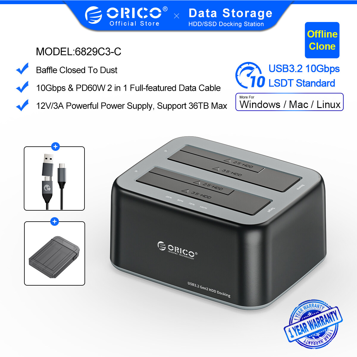 ORICO Hard Drive Docking Station with Offline Clone SATA to USB3.0 Dual-bay 2.5/3.5 Hard Disk Drive Docking Station 1 to 1 Clone(6228US3-C)