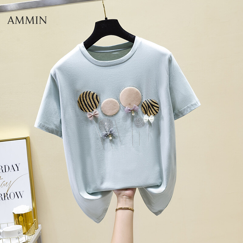 AMMIN Tops 2021 summer new style loose patch hot drilling pure cotton blouse women's simple fashion round neck cotton short sleeve T-shirt