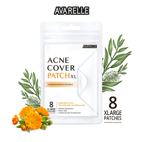 Avarelle Acne Pimple Patch (XL Square /  8 PATCHES) Absorbing Hydrocolloid Spot Treatment with Tea Tree Oil, Calendula Oil and Cica, Vegan, Cruelty Free Certified
