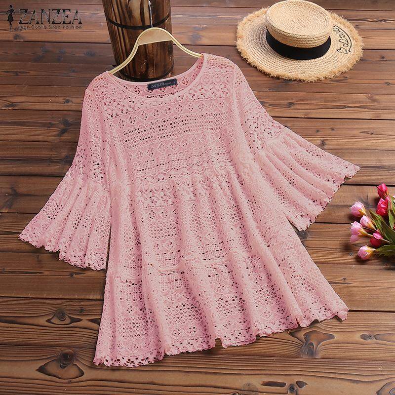 ZANZEA Women Bell Sleeve Shirt Tops Lace Detail Hollow Out Tops Loose Crochet Blouse