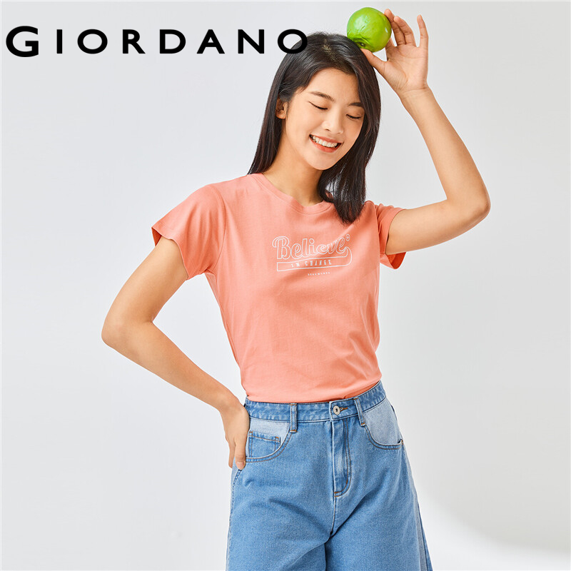GIORDANO Women T-Shirts Letter Print 100% Cotton Summer Casual T-Shirts Crewneck Short Sleeve Simple Basic T-Shirts 13392201